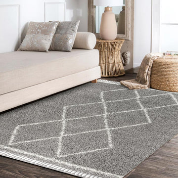 Beautiful mercer Shag Plush Tassel Moroccan Tribal Geometric Trellis Area Rug